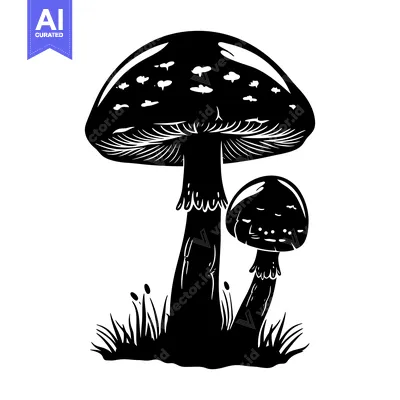 Black and White Illustration of Two Mushrooms with Grass