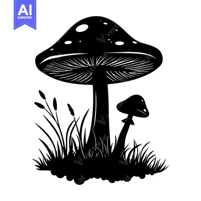 Black and White Silhouette of Mushrooms in Grass