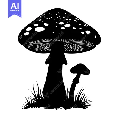 Black and White Silhouette of Two Mushrooms in Grass