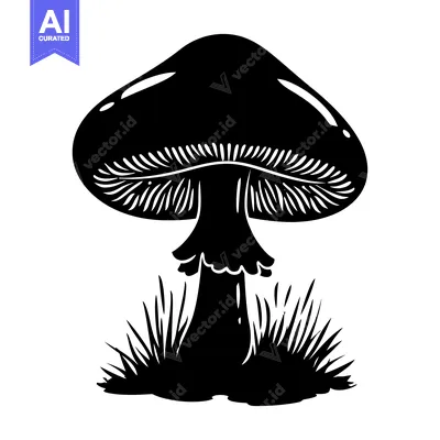 Aset desain premium: Black and white silhouette of a mushroom in grass