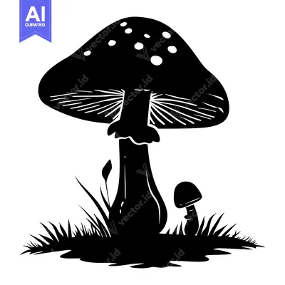Silhouette of Two Mushrooms in Grass