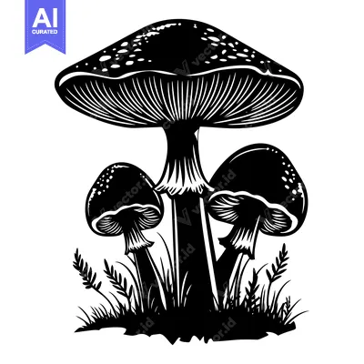 A Cluster of Three Black and White Mushrooms with Grass in Silhouette