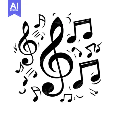 Aset desain premium: A large treble clef surrounded by smaller musical notes