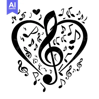 Aset desain premium: Black and White Heart-Shaped Design with Music Notes and Treble Clef