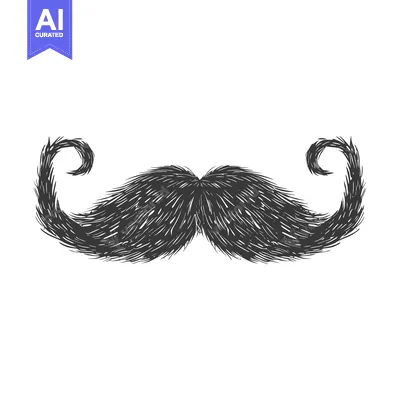 Hand-drawn illustration of a thick black mustache with curled ends