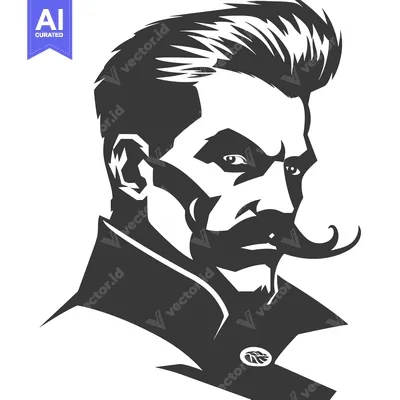 Aset desain premium: Black and White Illustration of a Man with a Moustache