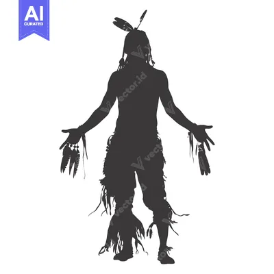 Aset desain premium: Silhouette of a Native American Man in Traditional Headdress and Cloth