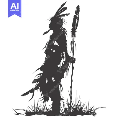 Aset premium populer: Silhouette of a Native American Warrior Holding a Spear