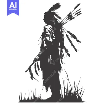 Premium design asset: Native American Warrior Silhouette with Feathers and Grass