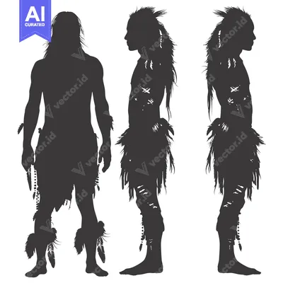 Aset desain premium: Three Silhouettes of a Native American Warrior with Feathers and Beads