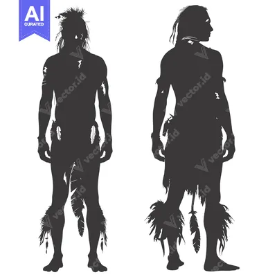 Aset desain premium: Two Silhouettes of Indigenous People Adorned with Feathers
