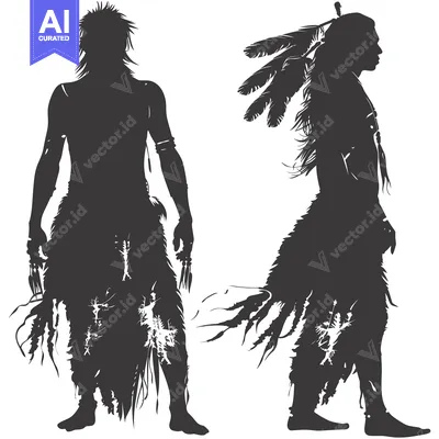 Aset desain premium: Two Silhouettes of Indigenous People with Feathers and Adornments