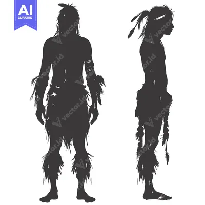 Aset desain premium: Two Silhouettes of Native American Men Adorned with Feathers