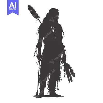 Aset premium populer: Silhouette of a Native American Warrior with a Spear and Feathers