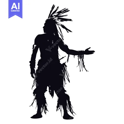 Aset desain premium: Silhouette of Native American Man in Traditional Headdress and Clothin