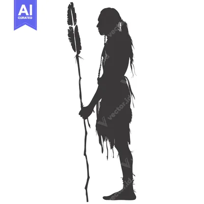 Aset desain premium: Silhouette of a Native American Man Holding a Staff with Feathers