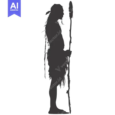 Aset desain premium: Silhouette of a Native American Man Holding a Staff with Feathers