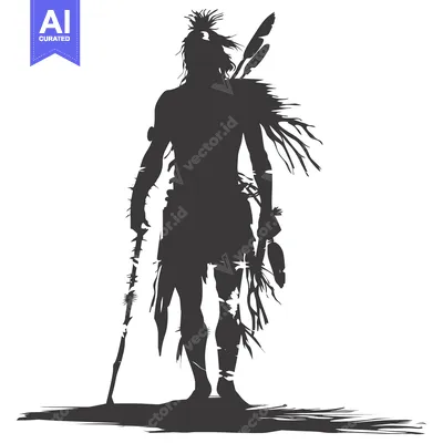 Premium design asset: Silhouette of a Native American Warrior with a Spear and Feathers