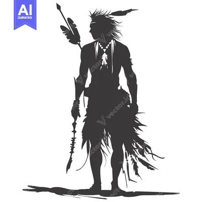 Aset desain premium: Silhouette of a Native American Warrior with a Spear and Feathers