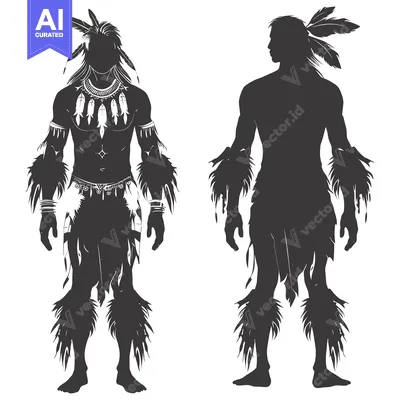 Aset premium populer: Two Silhouettes of Indigenous Men in Traditional Clothing