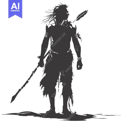 Silhouette of a Primitive Man Holding a Spear with a Feather Attached