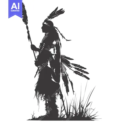 Aset desain premium: Silhouette of a Native American Warrior Holding a Spear