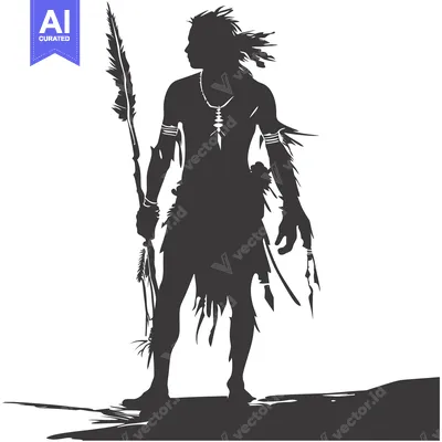 Aset premium populer: Silhouette of a Native American Warrior Holding a Spear