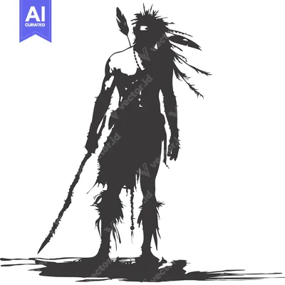 Aset desain premium: Silhouette of a Native American Warrior Holding a Spear