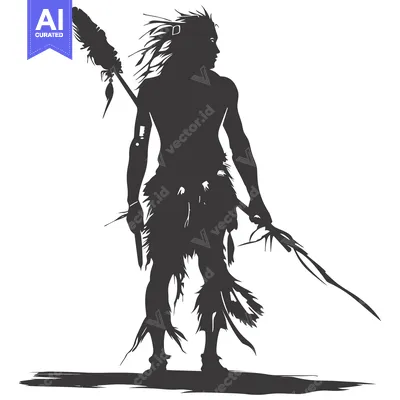Aset premium populer: Silhouette of a Native American Warrior Holding a Spear