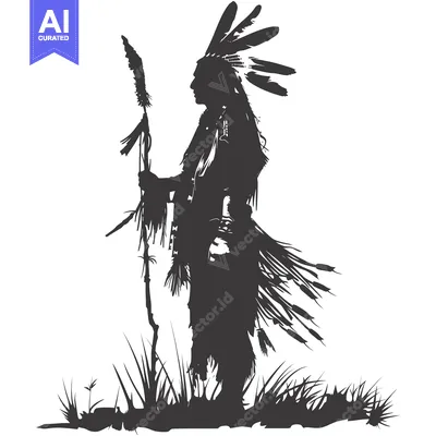 Aset premium populer: Silhouette of a Native American Warrior Holding a Staff