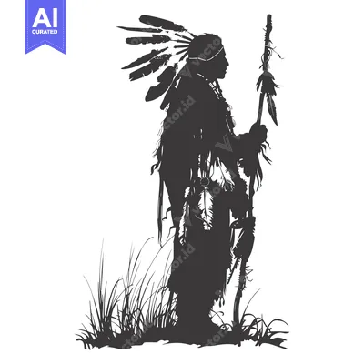 Aset premium populer: Silhouette of a Native American Man with Feathers and a Staff