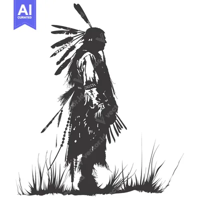 Aset desain premium: Native American Warrior Silhouette with Feathers and Grass