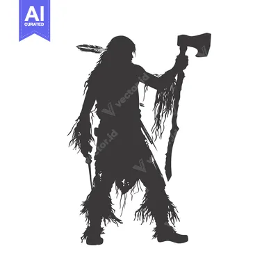 Aset desain premium: Silhouette of a Native American Warrior Holding an Axe