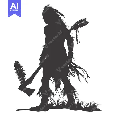 Popular premium asset: Silhouette of a Native American Warrior Holding an Axe and a Spear