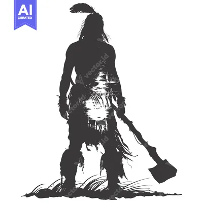 Aset desain premium: Silhouette of a Native American Warrior Holding an Axe