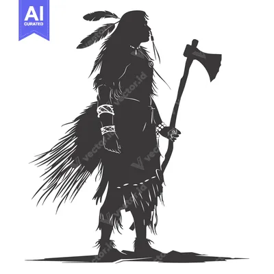 Aset premium populer: Silhouette of a Native American Warrior Holding an Axe