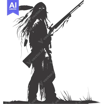 Aset premium populer: Silhouette of a Native American Warrior Holding a Rifle