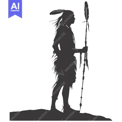 Aset desain premium: Silhouette of a Native American Warrior Holding a Spear