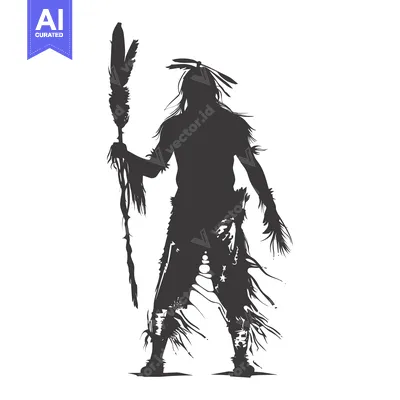 Aset premium populer: Silhouette of an Indigenous Person Holding a Feather Staff