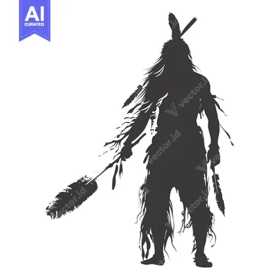 Aset premium populer: Silhouette of a Native American Warrior Holding a Weapon