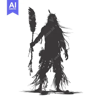 Aset desain premium: Silhouette of a Native American Warrior Holding a Feather Staff