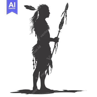 Aset desain premium: Silhouette of a Native American Warrior Holding a Spear with Feathers