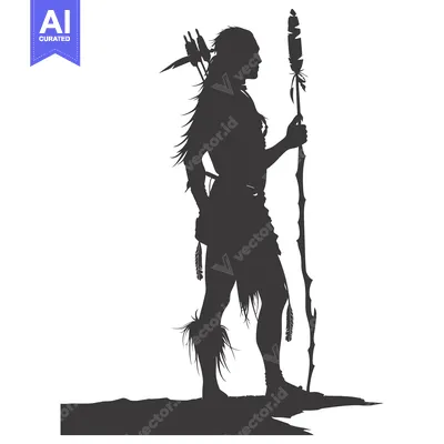 Aset premium populer: Silhouette of a Native American Warrior Holding a Staff
