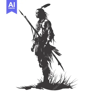 Aset desain premium: Silhouette of a Native American Warrior Holding a Spear