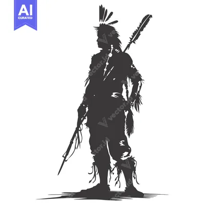 Aset premium populer: Silhouette of a Native American Warrior with a Spear and Feathers