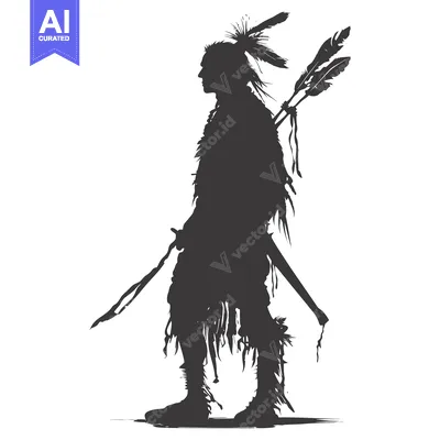 Aset desain premium: Silhouette of a Native American Warrior with Feathers and Spear