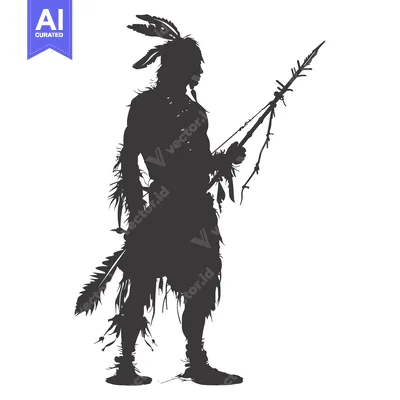 Aset premium populer: Silhouette of a Native American Warrior Holding a Spear