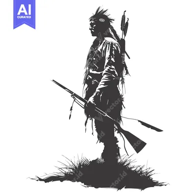Aset desain premium: Silhouette of a Native American Warrior Holding a Rifle