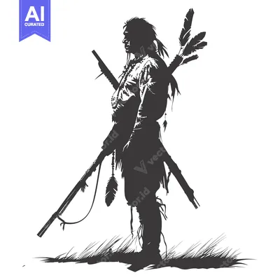 Aset premium populer: Silhouette of a Native American Warrior with Weapons and Feathers