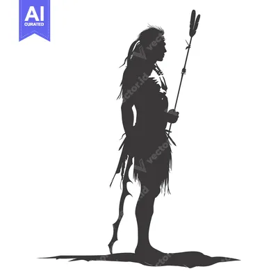 Aset premium populer: Silhouette of a Native American Warrior Holding a Spear